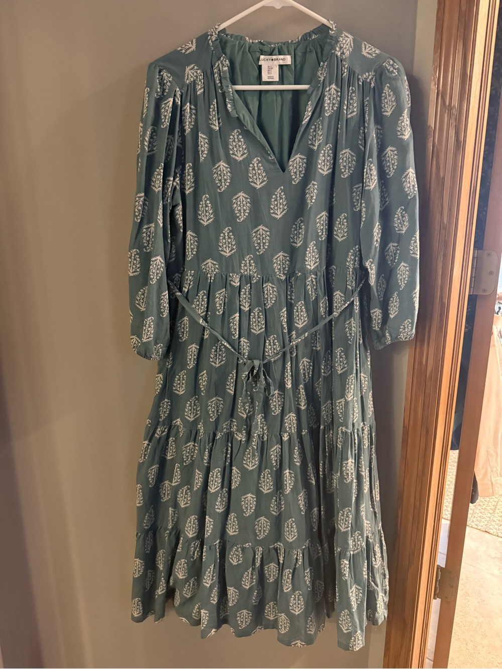 Lucky Brand Teal Printed Long-Sleeve Tiered Dress